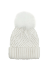 Chunky Knit Hat with Fox Pom Pom - White