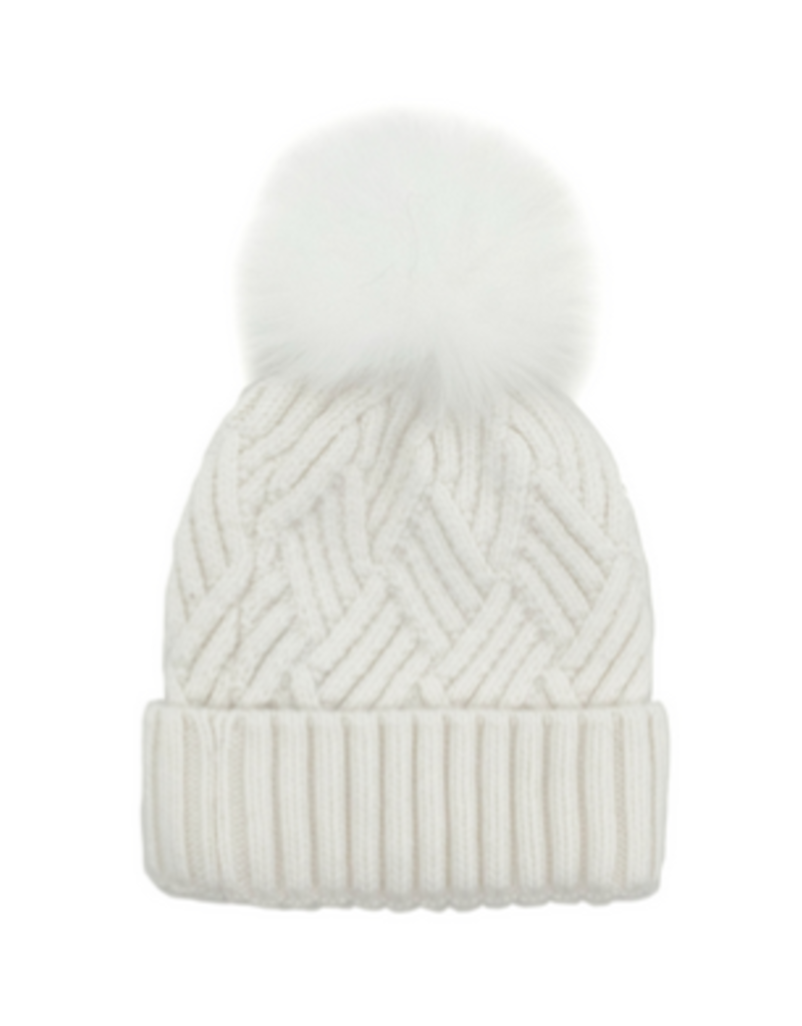 Chunky Knit Hat with Fox Pom Pom - White