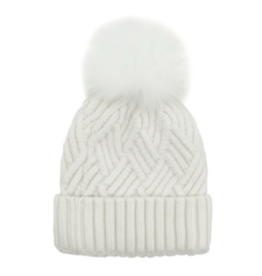 Chunky Knit Hat with Fox Pom Pom - White