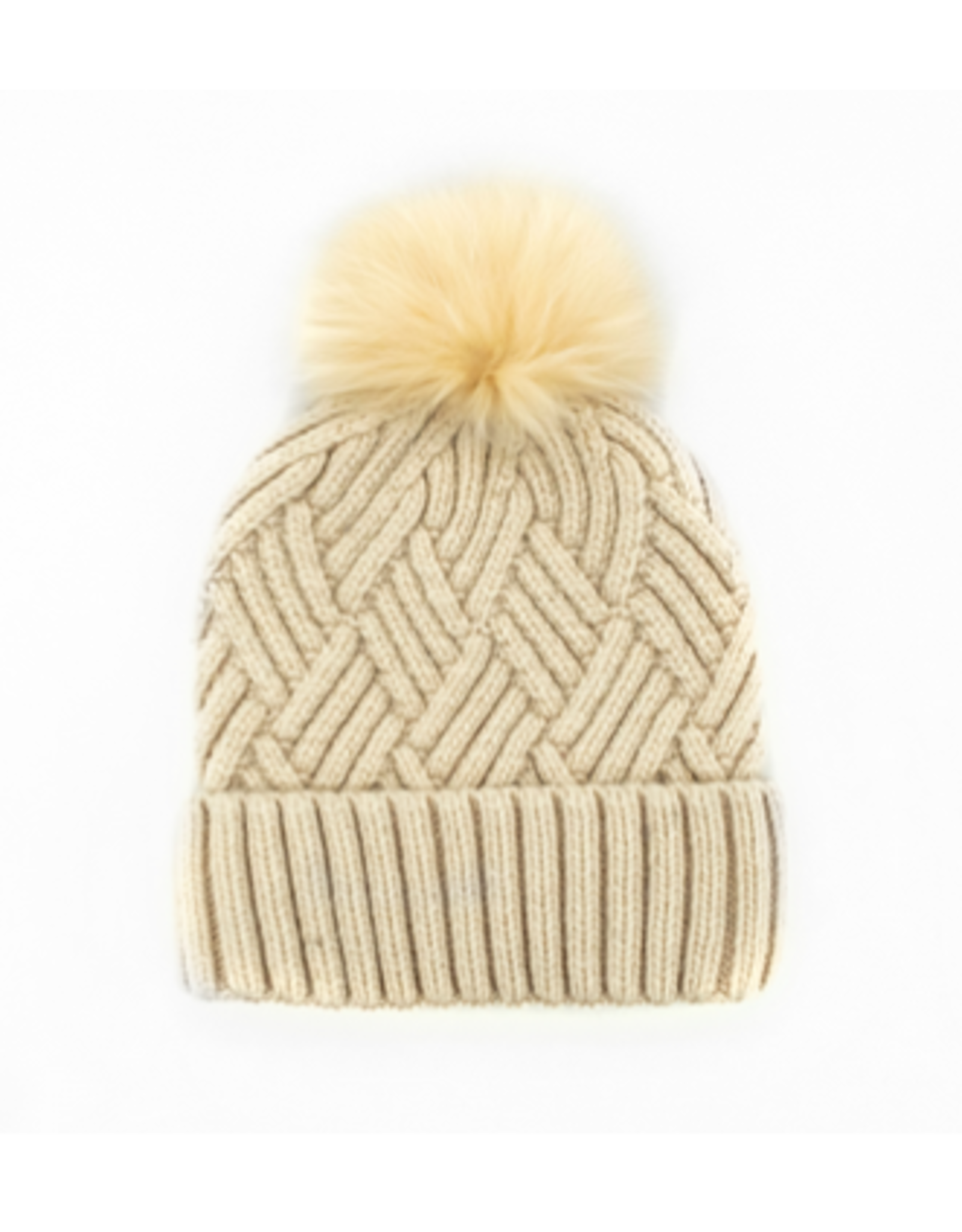 Chunky Knit Hat with Fox Pom-Pom - Ivory