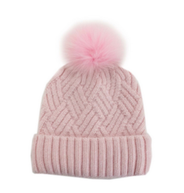 Chunky Knit Hat with Fox Pom-Pom - Pink