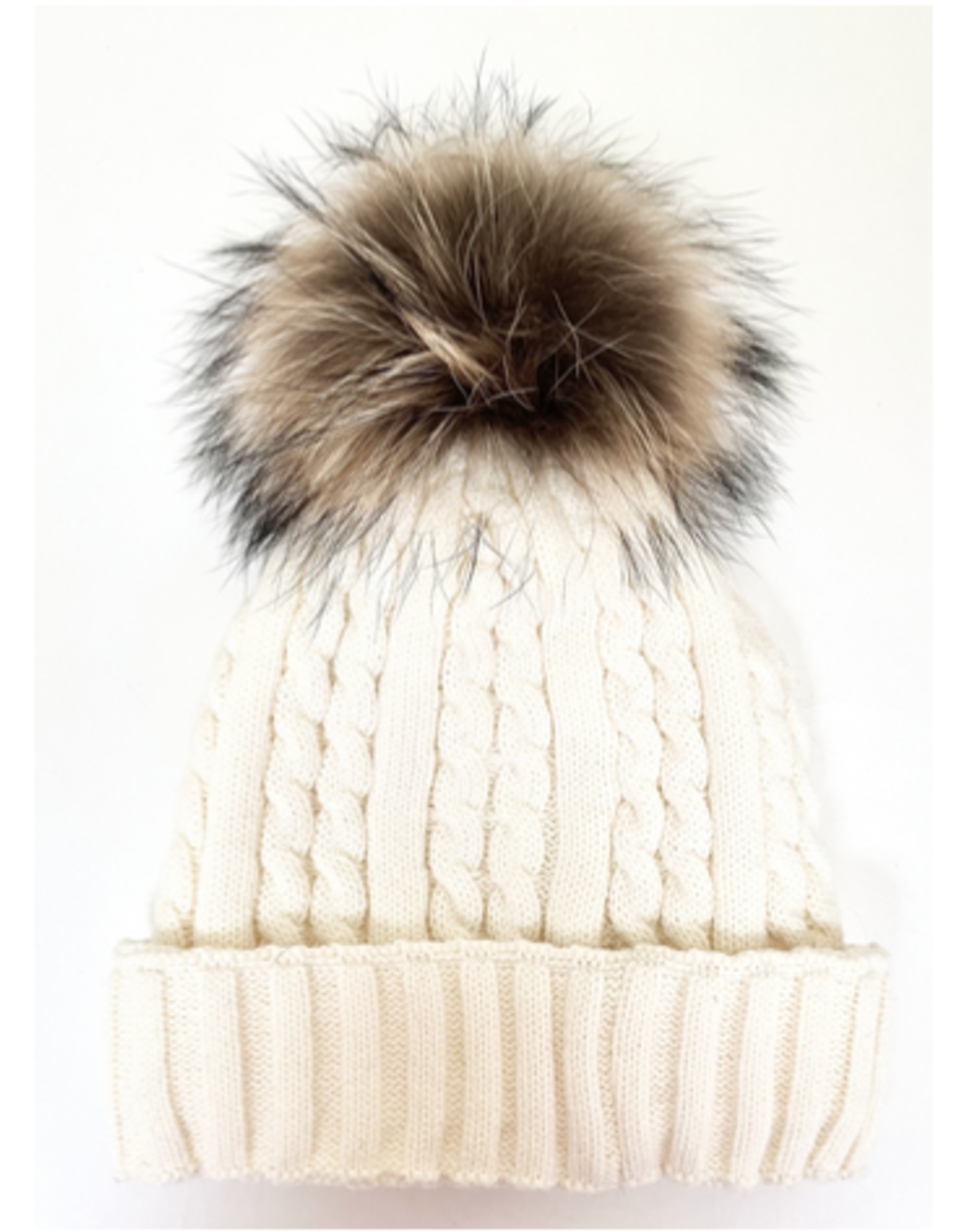Knit Hat with Fox Pom-Pom - Ivory