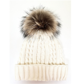 Knit Hat with Fox Pom-Pom - Ivory