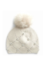 Wool Hat with Fox Pom Pom & Pearls  - Beige