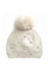 Wool Knit Hat with Pearls & Fox Pom-Pom - Beige