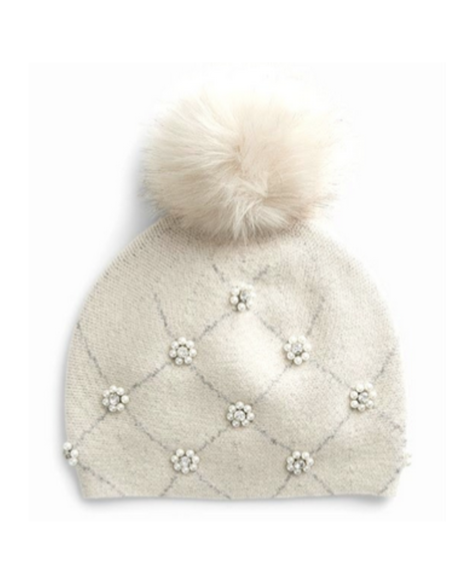 Wool Hat with Fox Pom Pom & Pearls  - Beige