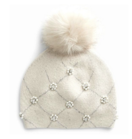 Wool Hat with Fox Pom Pom & Pearls - Beige