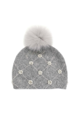 Wool Hat with Fox Pom Pom & Pearls - Grey