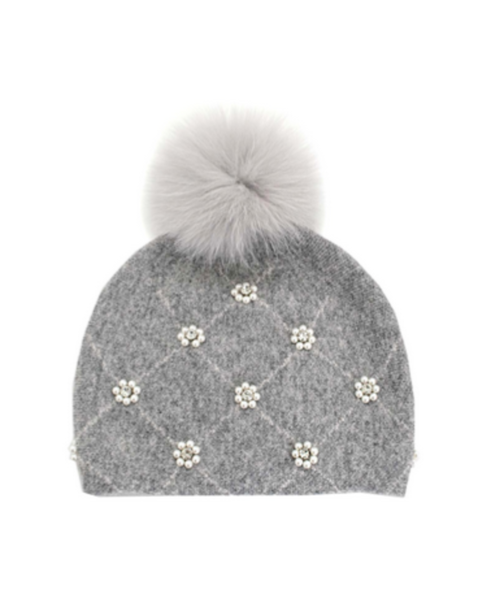Wool Hat with Fox Pom Pom & Pearls - Grey