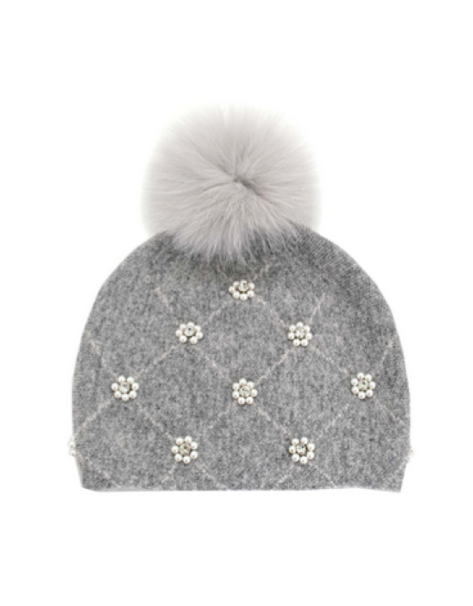 Wool Knit Hat with Pearls & Fox Pom-Pom - Grey