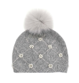Wool Knit Hat with Pearls & Fox Pom-Pom - Grey