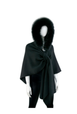 Wool Hooded Shawl with Fox - Black (POIM16)