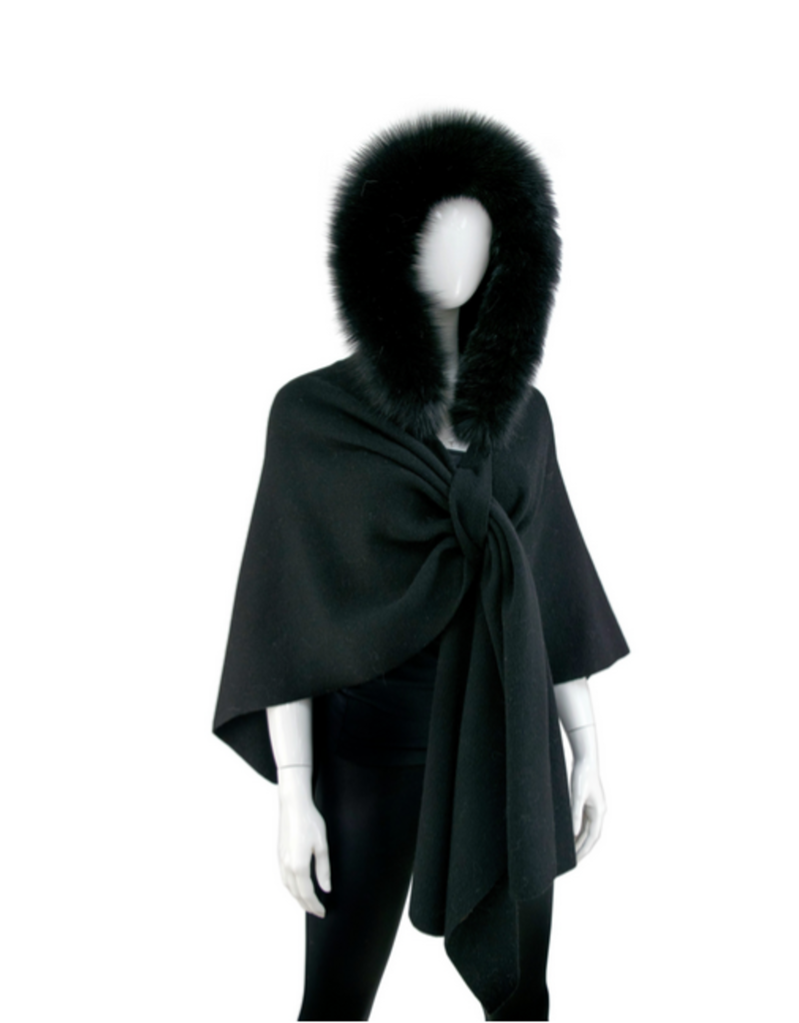 Wool Hooded Shawl with Fox - Black (POIM16)