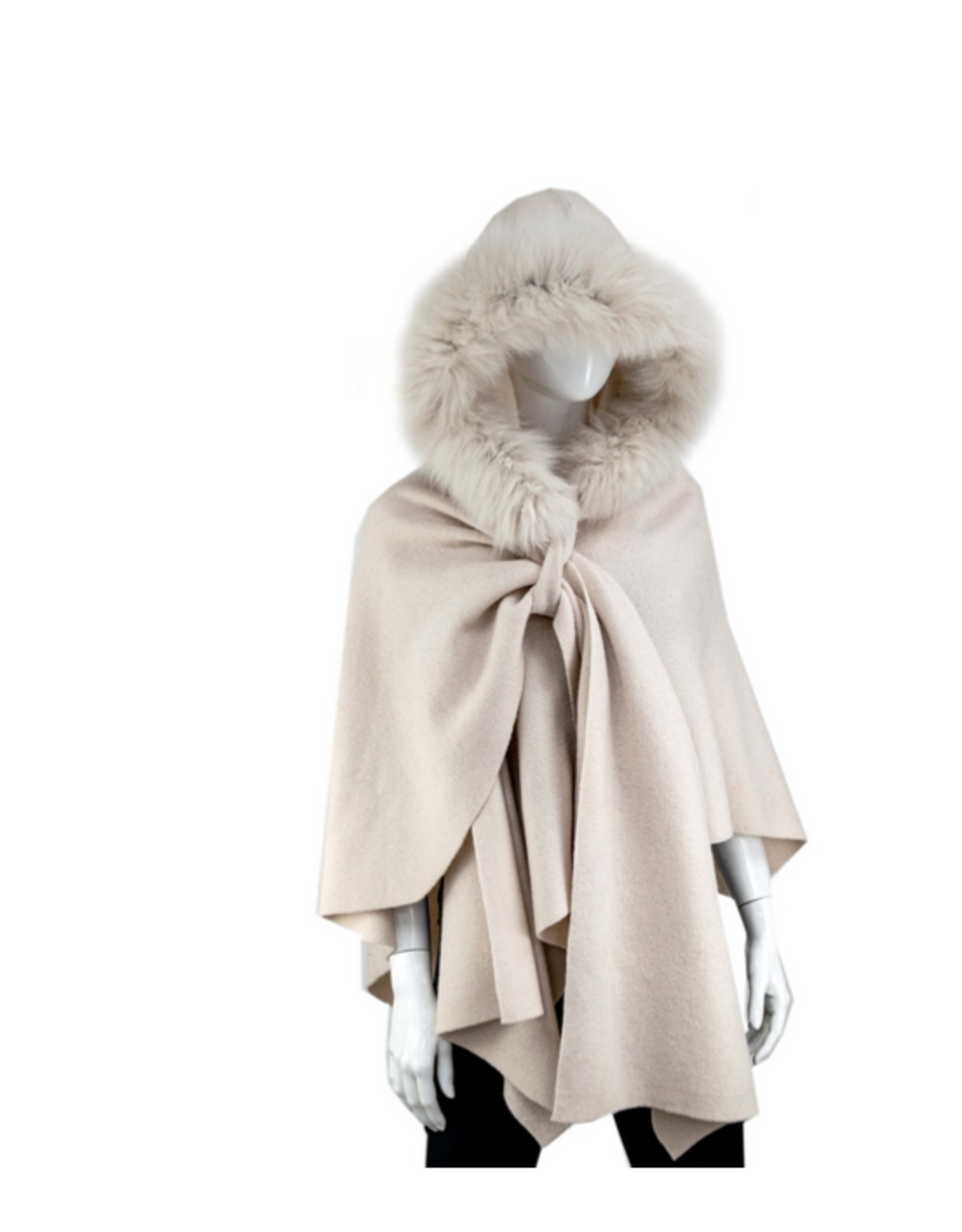 Wool Hooded Shawl with Fox - Ivory (POIM16)