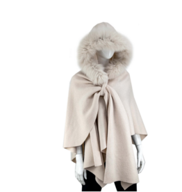 Wool Hooded Shawl with Fox - Ivory