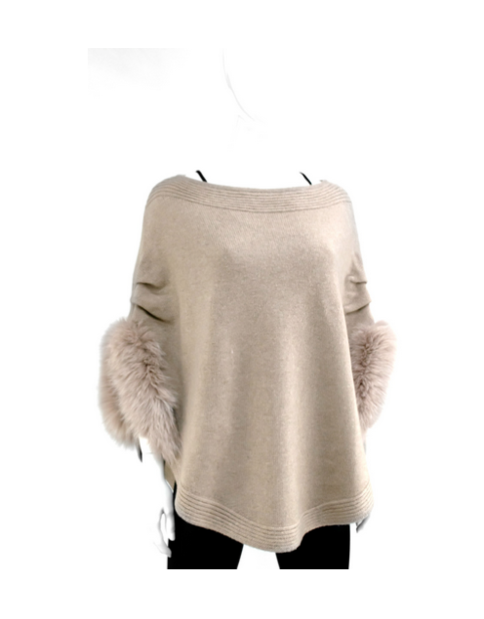 Wool Poncho with Fox Trim Sleeves - Beige (POIM10)