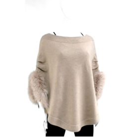 Wool Poncho with Fox Trim Sleeves - Beige