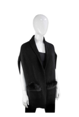 Wool Knit Vest with Fox Trim Pockets - Black