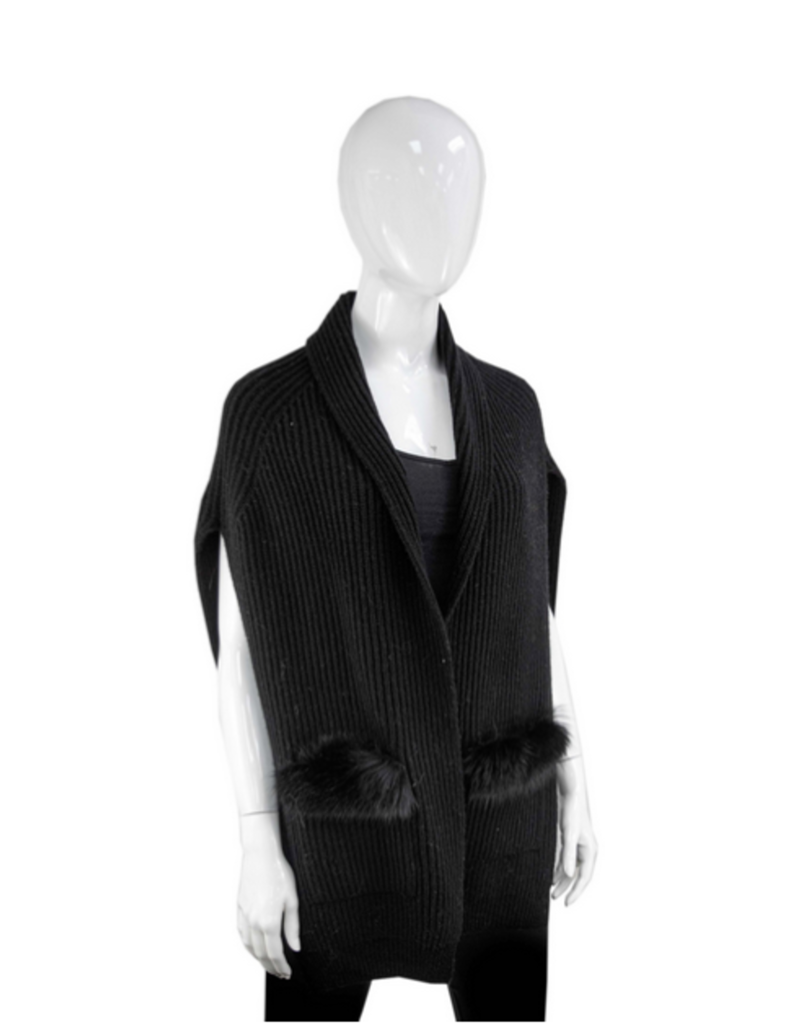 Wool Knit Vest with Fox Trim Pockets - Black