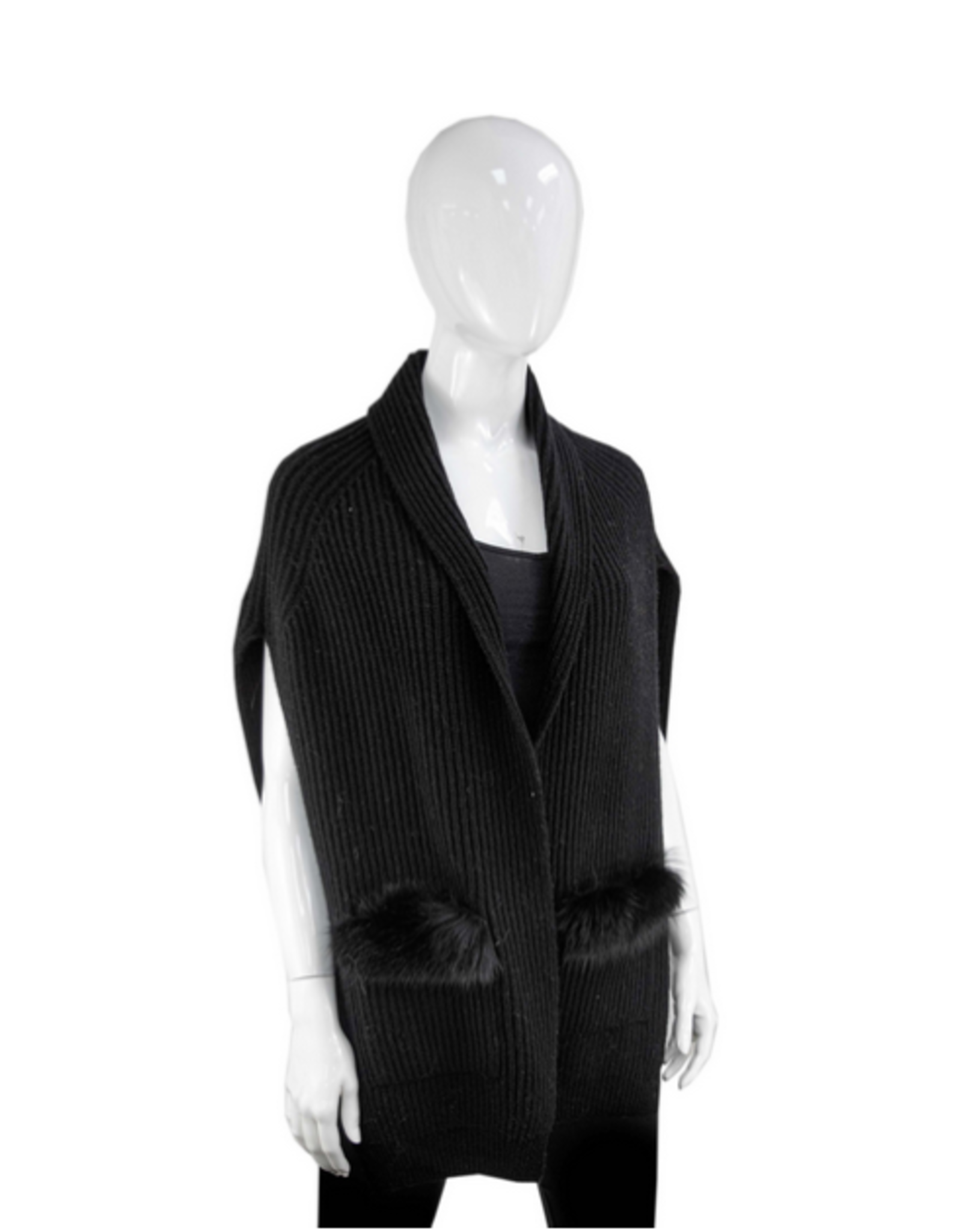 Wool Wrap Vest with Fox Pockets - Black