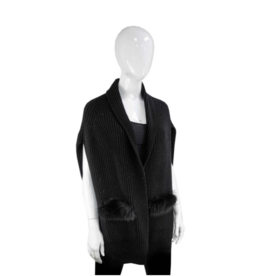 Wool Knit Vest with Fox Trim Pockets - Black