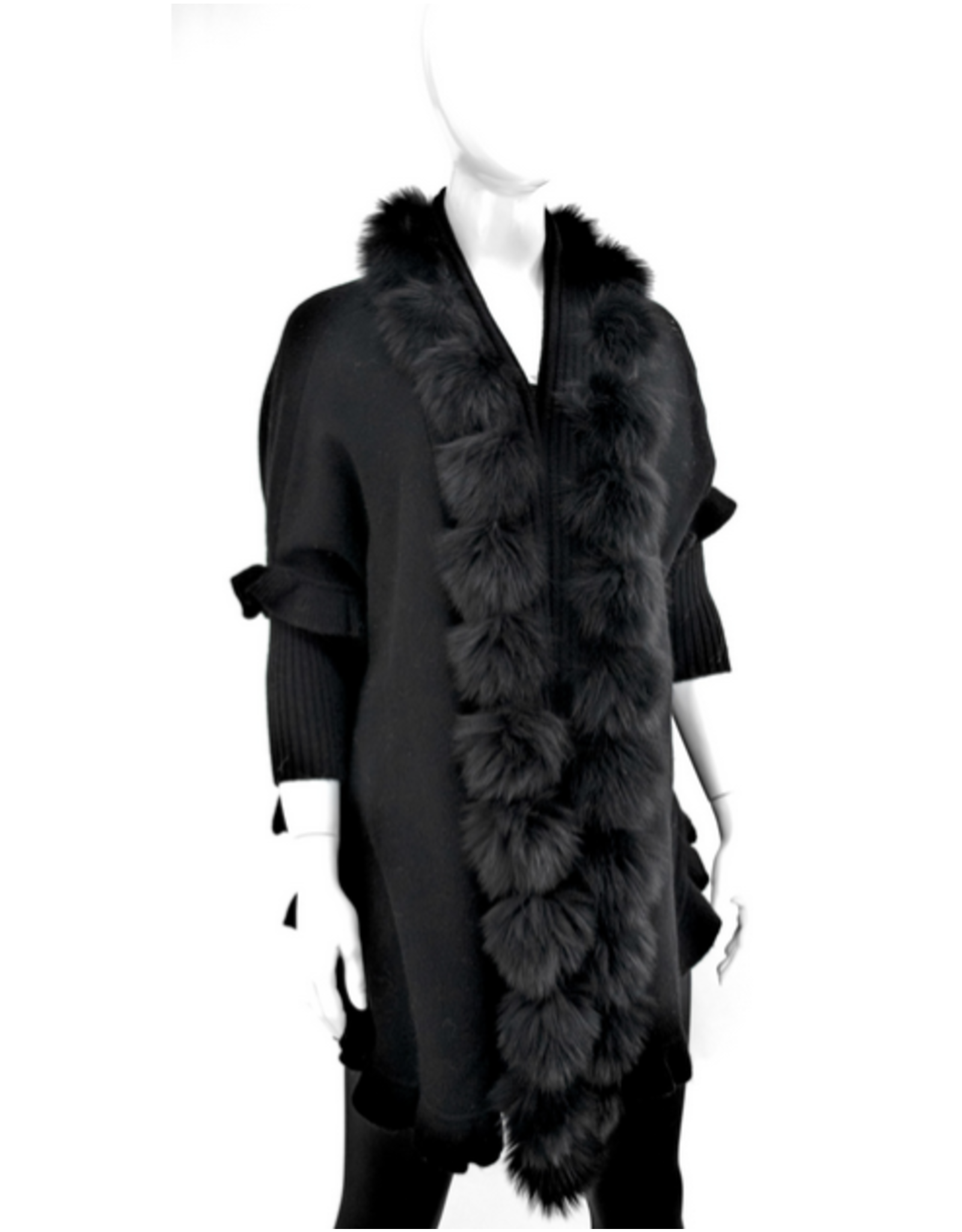 Wool Shawl with Fox Trim - Black