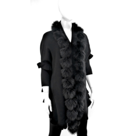 Wool Shawl with Fox Trim - Black