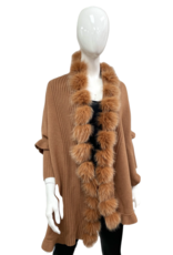 Wool Shawl with Fox Trim - Camel