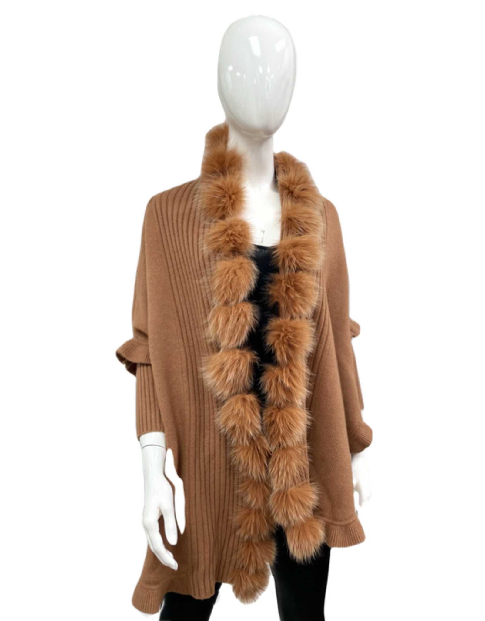 Wool Shawl with Fox Trim - Camel