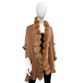 Wool Shawl with Fox Trim - Camel