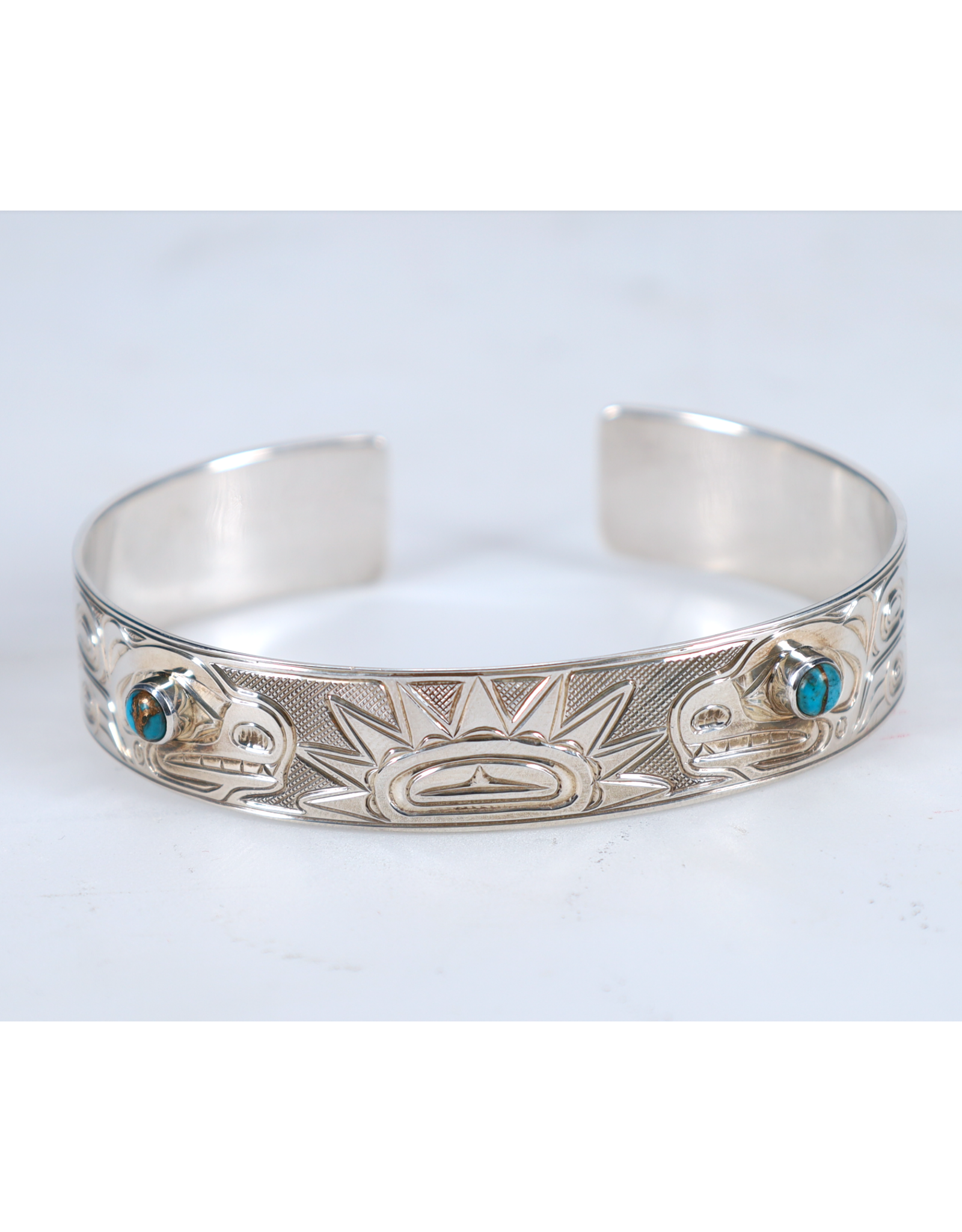 Chris Cook Silver Cuff - Otters and Urchin with Turquoise - CCSC07