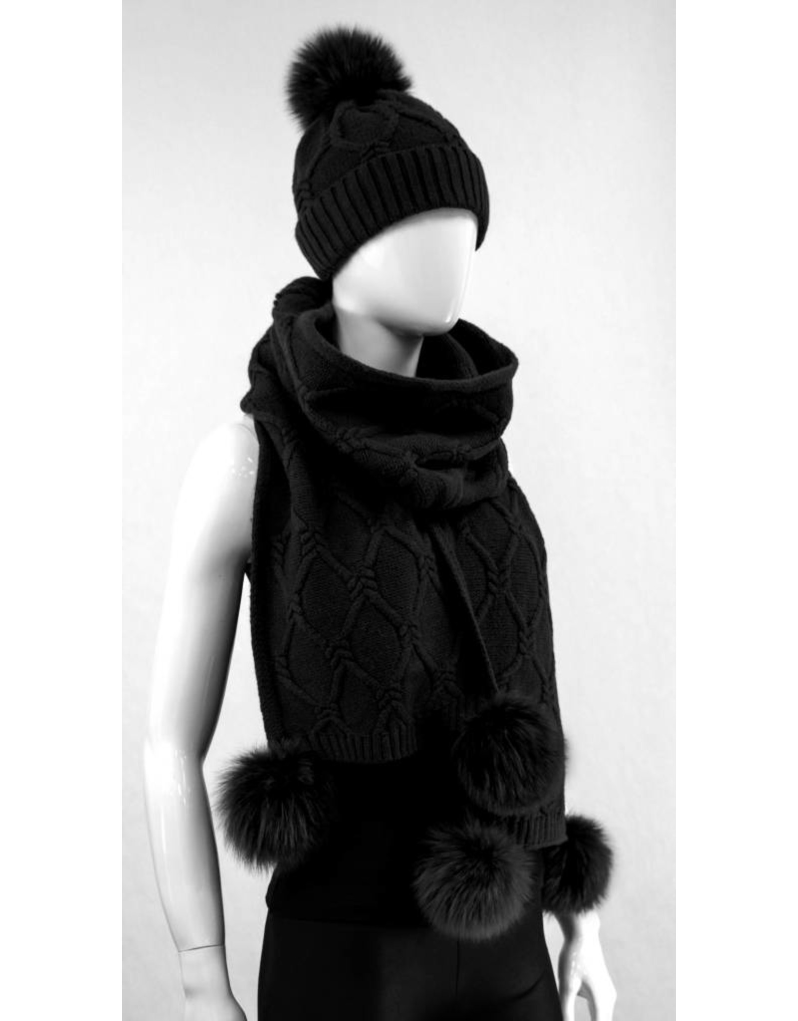 Wool Knit Scarf with Fox Pom Poms
