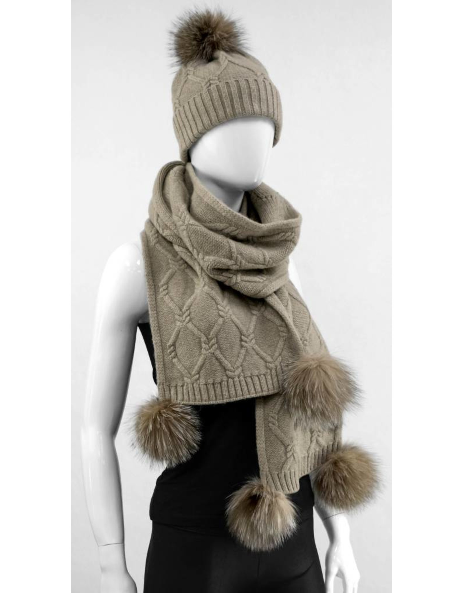 Wool Knit Scarf with Fox Pom Poms