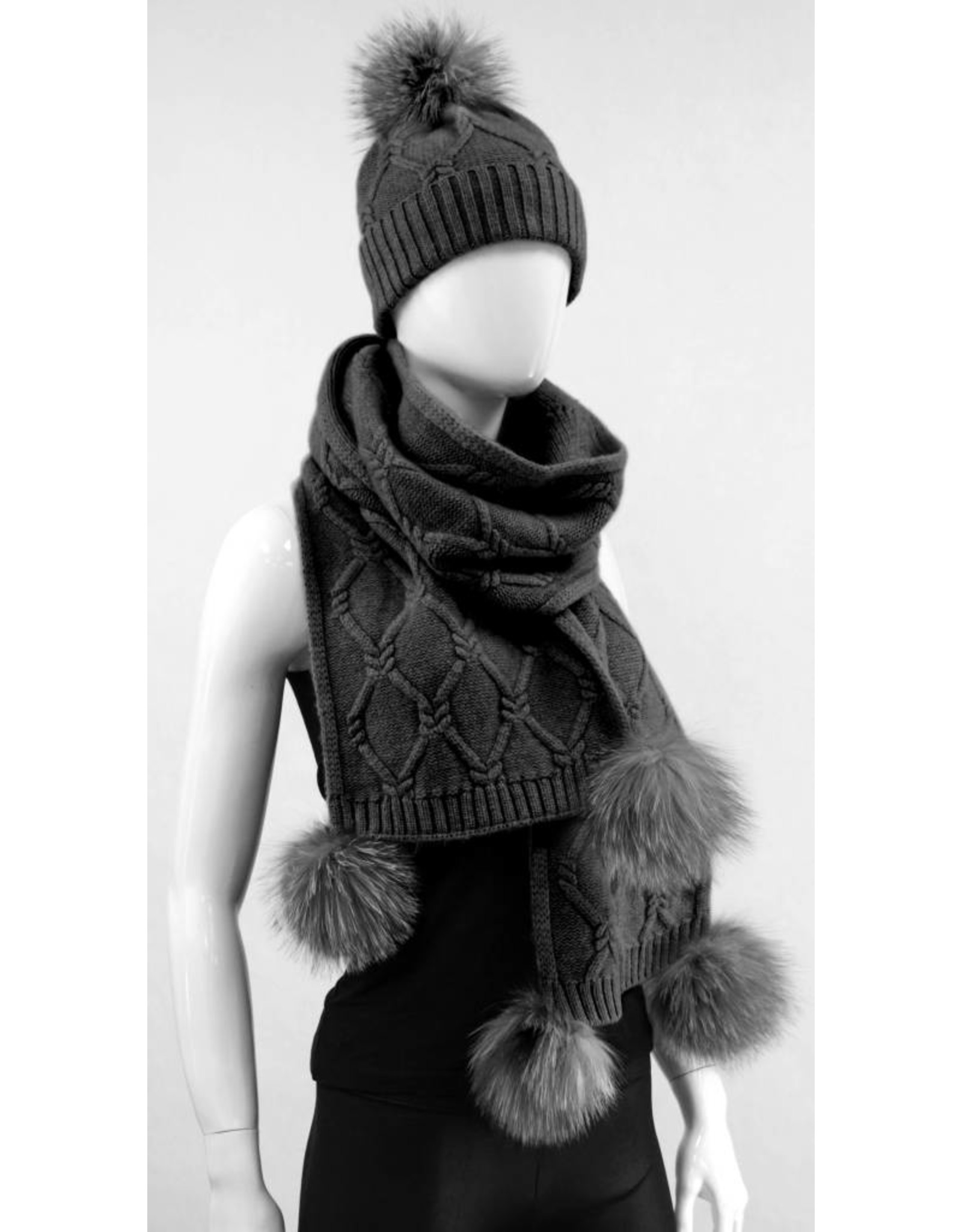 Wool Knit Scarf with Fox Pom Poms