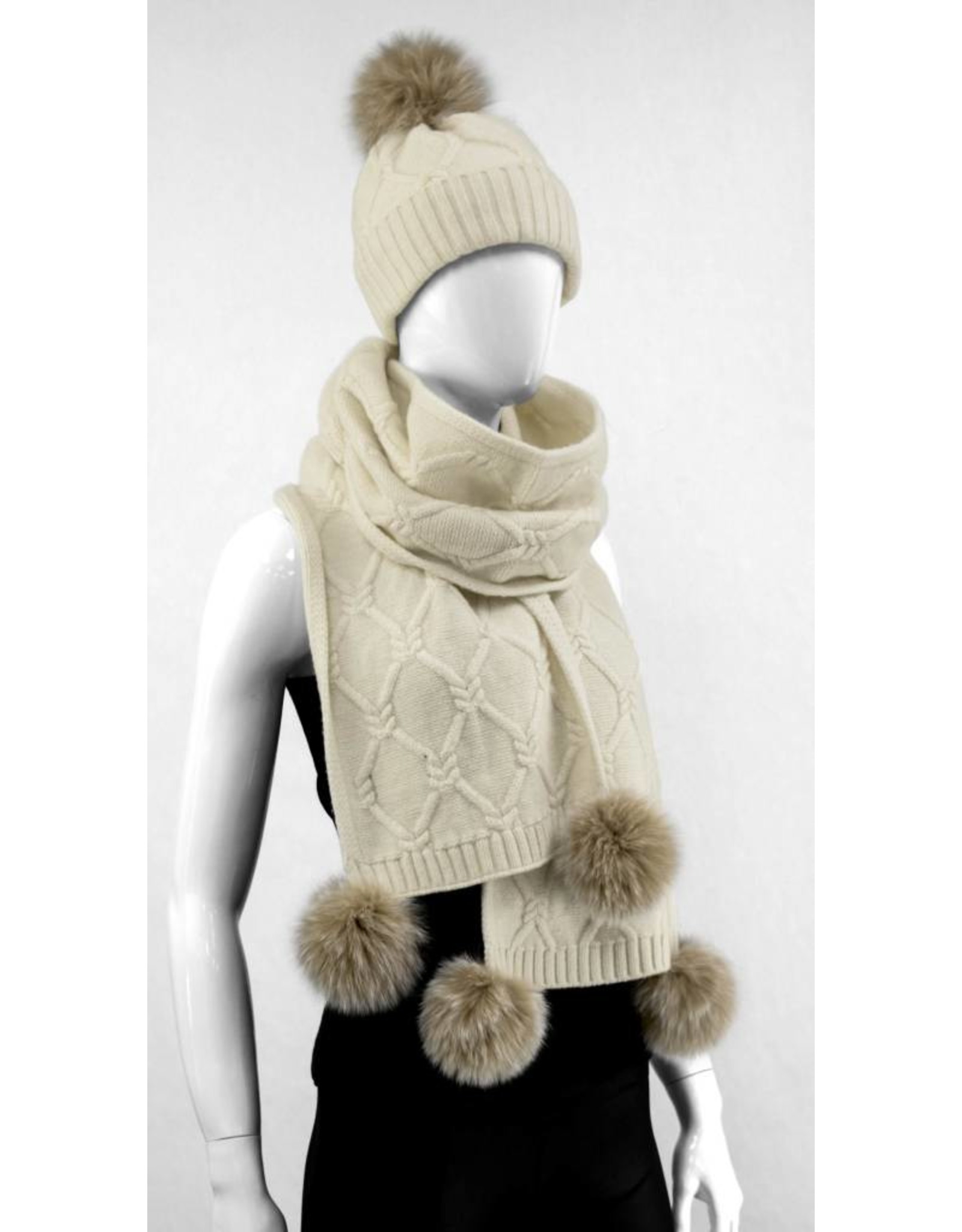 Wool Knit Scarf with Fox Pom Poms