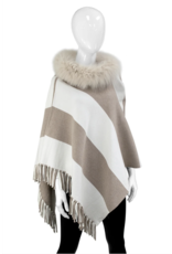Poncho Réversible avec Franges et Fourrure de Renard - Taupe
