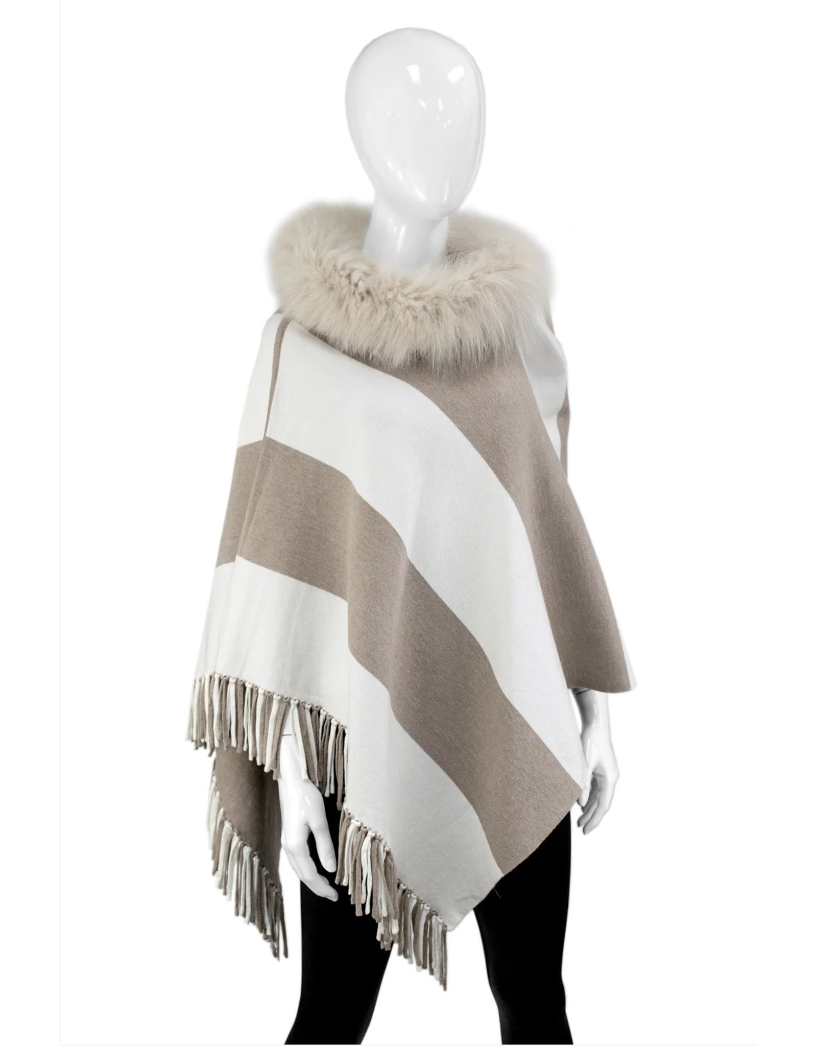 Poncho Reversible avec Franges Fourrure de Renard Taupe - POYU10