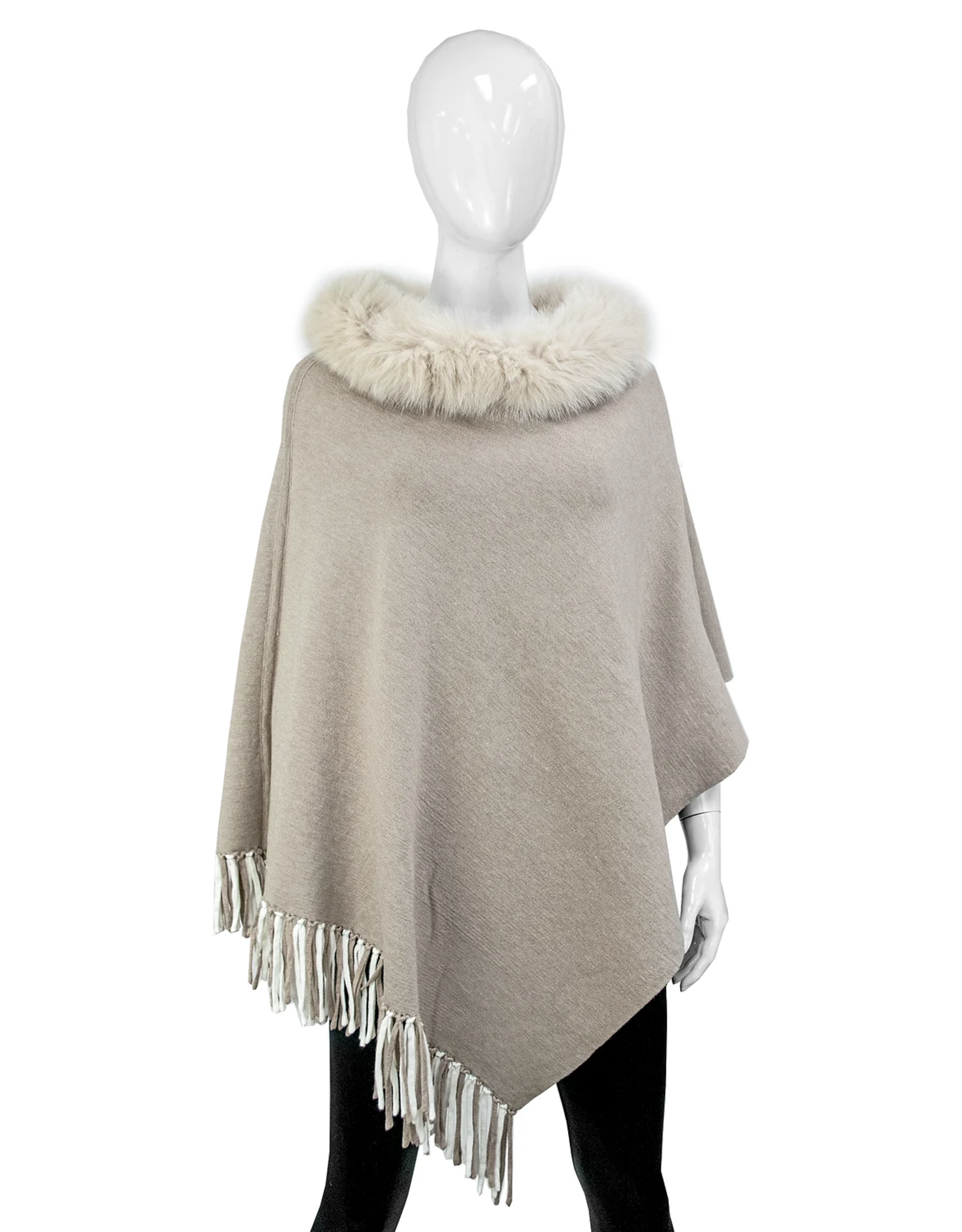 Reversible Poncho with Fringe and Fox Fur Taupe - POYU10