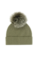 Chasmere Knit Hat with Fox Pom Pom - Khaki