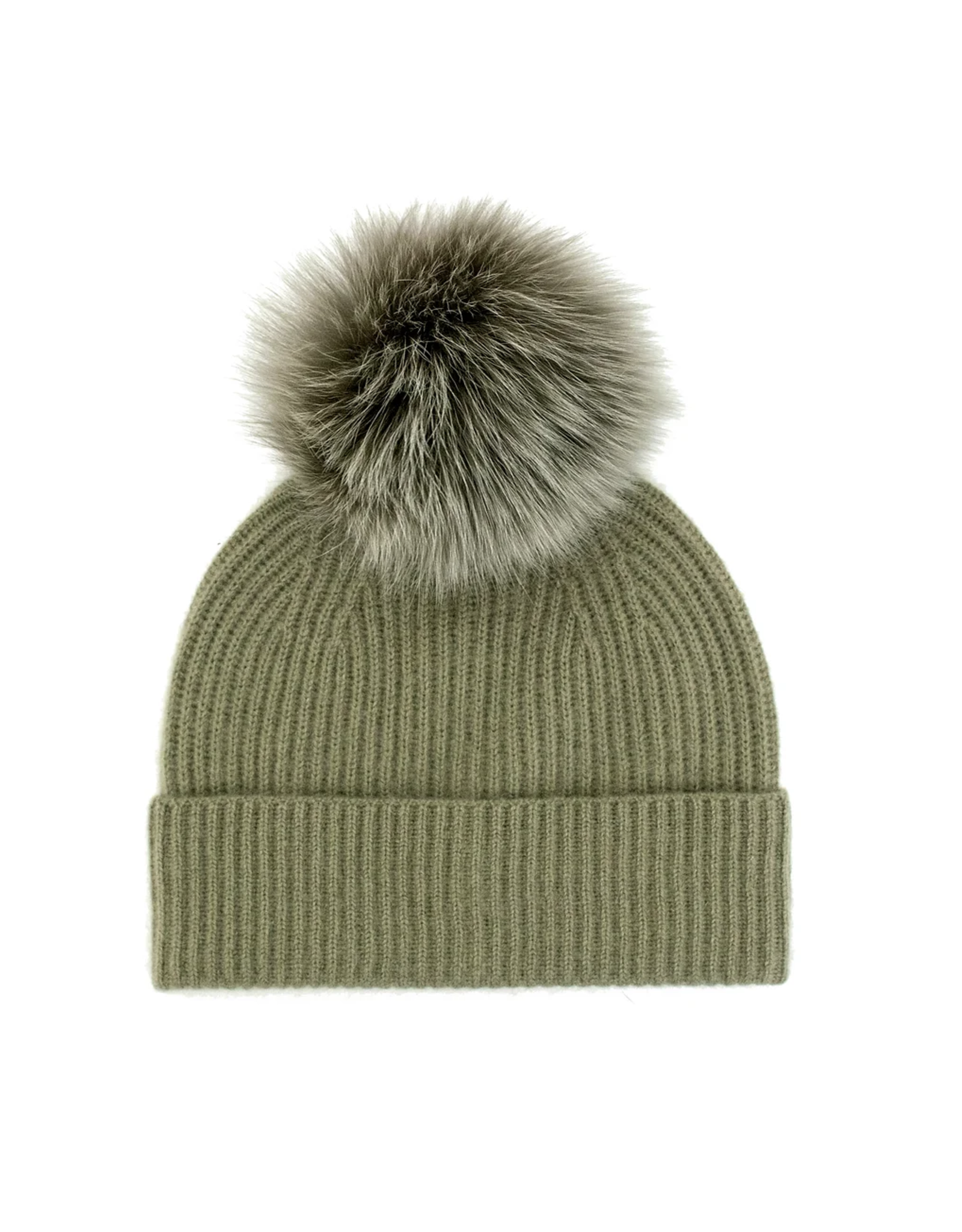 Chasmere Knit Hat with Fox Pom Pom - Khaki