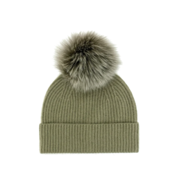 Chasmere Knit Hat with Fox Pom Pom - Khaki