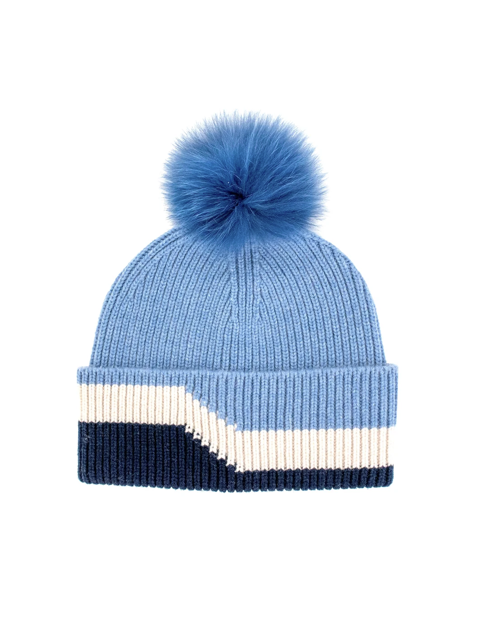 Stripe Knit Hat with Fox Pom Pom (HTIM93)