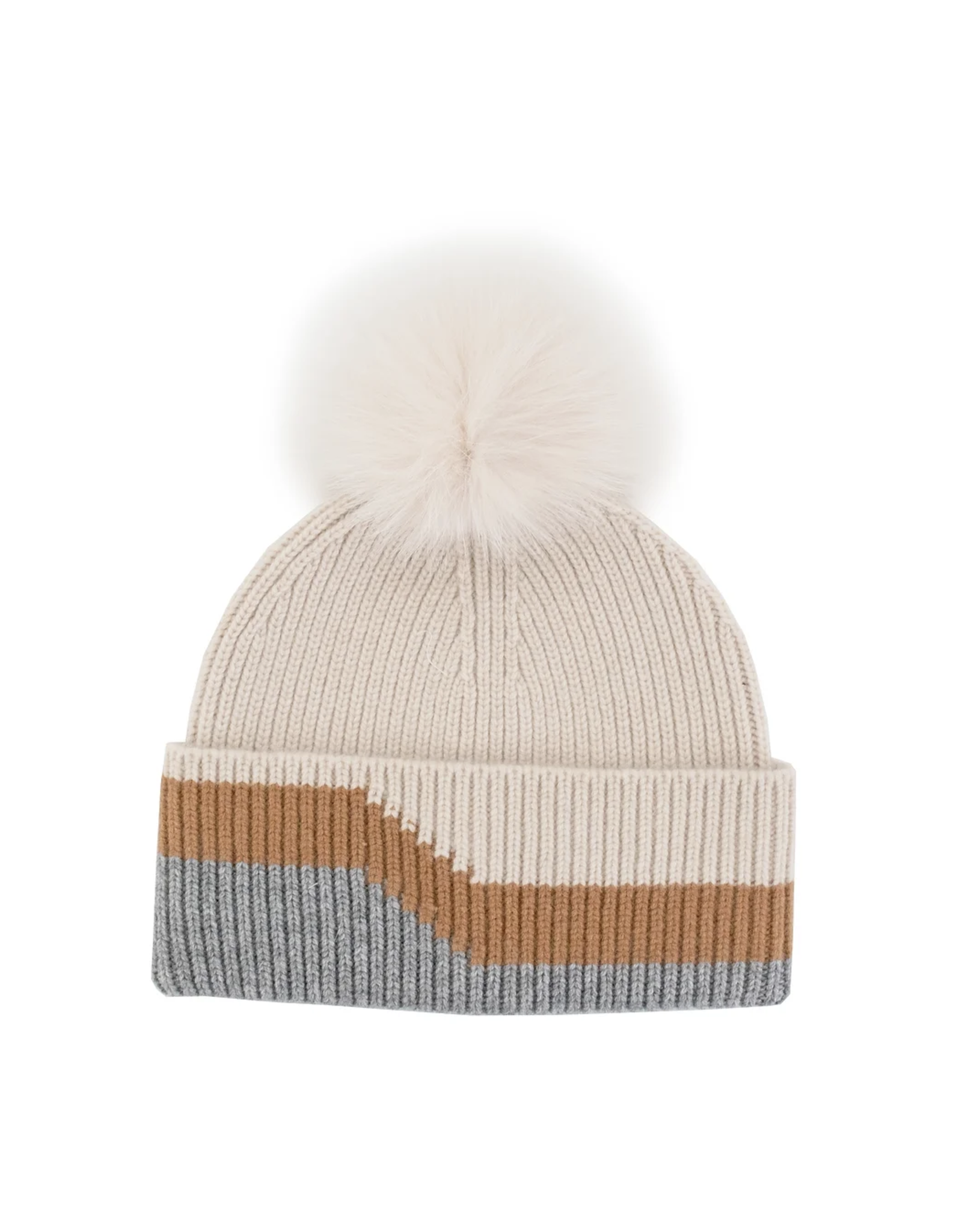 Stripe Knit Hat with Fox Pom Pom (HTIM93)