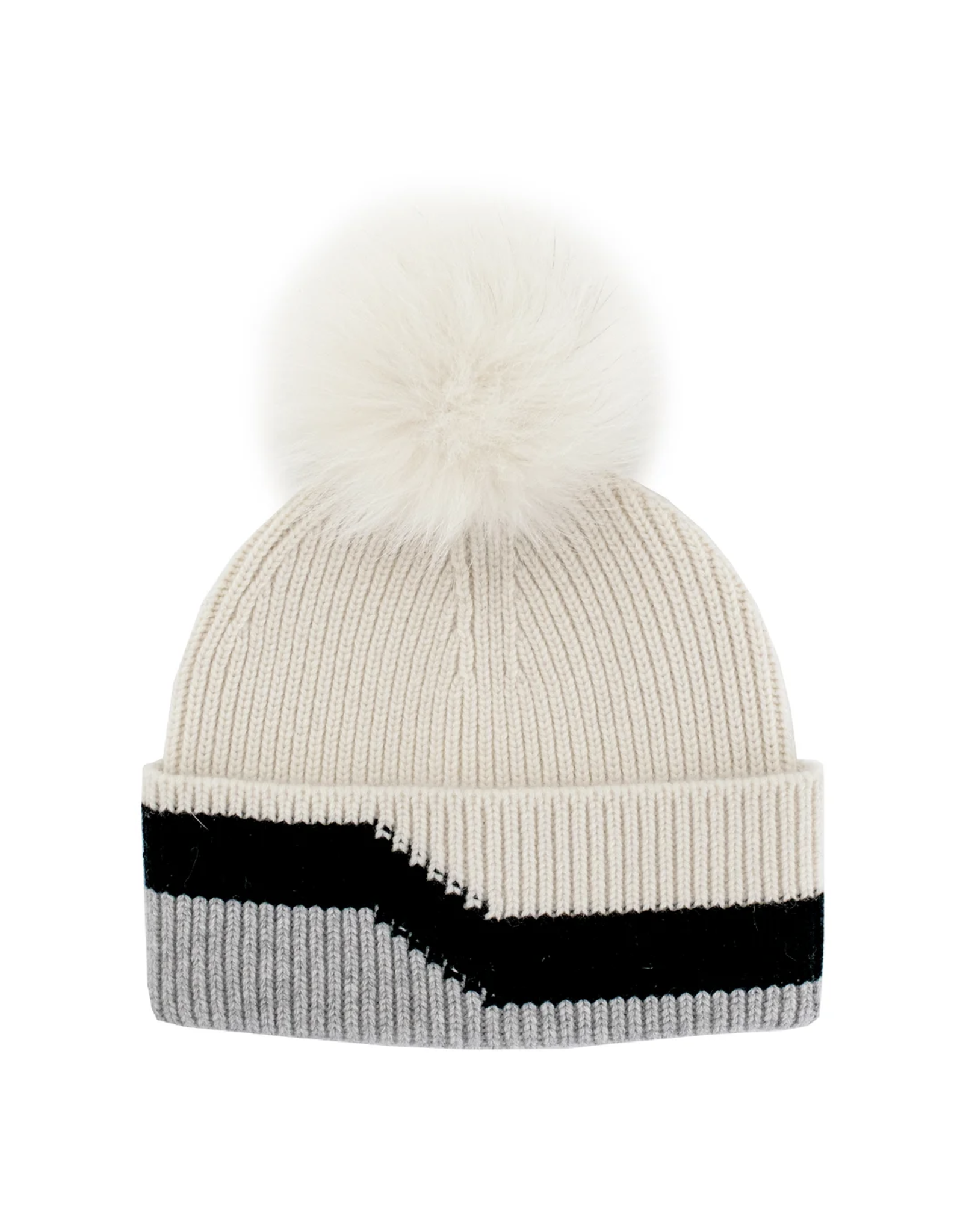 Stripe Knit Hat with Fox Pom Pom (HTIM93)