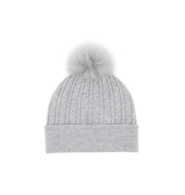 Wool Cable Knit Hat with Fox Fur - Grey