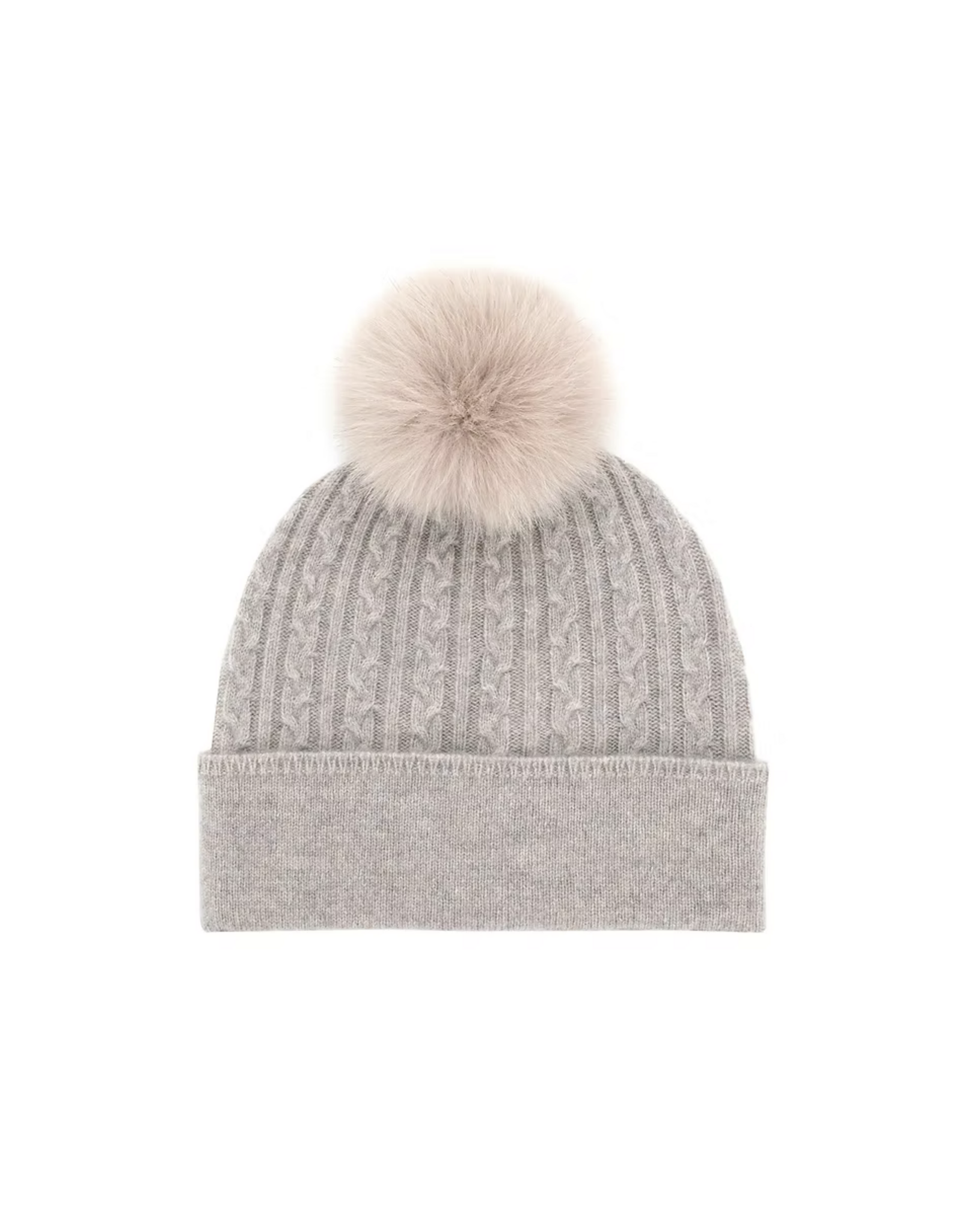 Wool Cable Knit Hat with Fox Fur Taupe - HTME99
