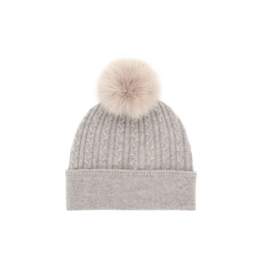 Wool Cable Knit Hat with Fox Fur - Taupe