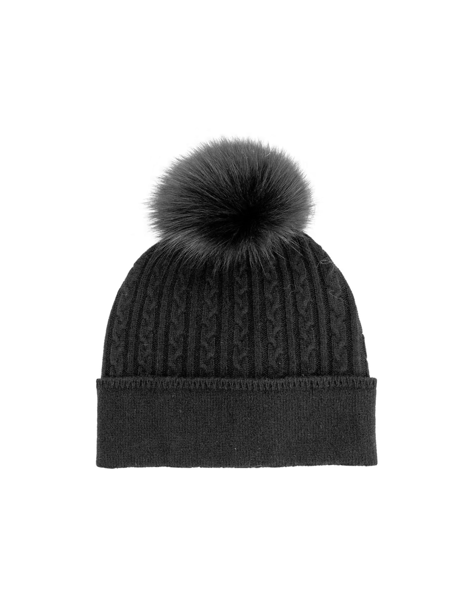 Wool Cable Knit Hat with Fox Fur Black - HTME99