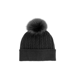 Tuque en Laine Cable avec Fourrure de Renard - Noir