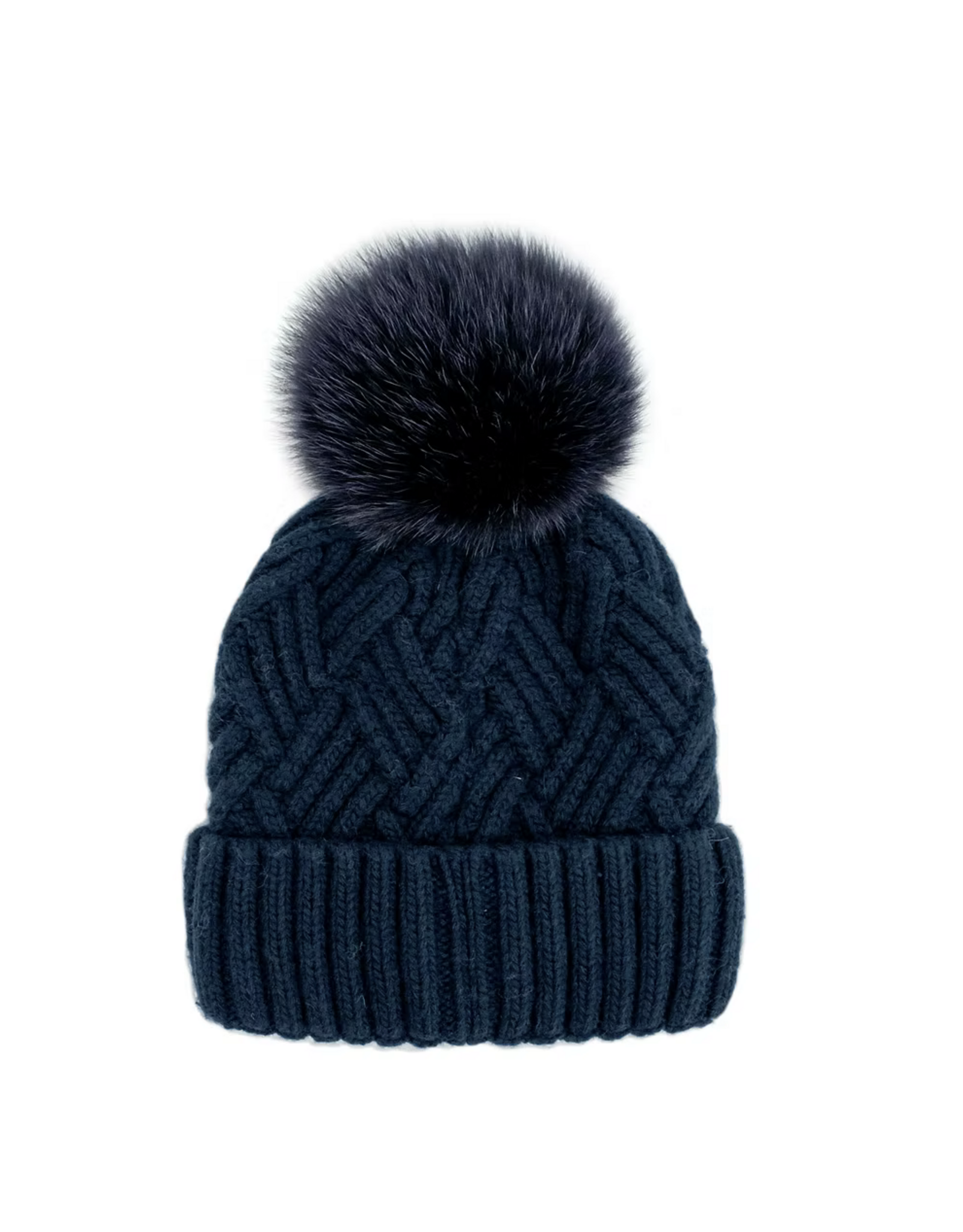 Chunky Knit Hat with Fox Fur Navy - HTYH02